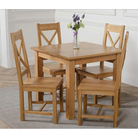 Square 90cm : Bàn Ăn Gỗ Sồi Vuông 90cm + 4 Ghế ( Lưng X - Mặt Ghế Gỗ )